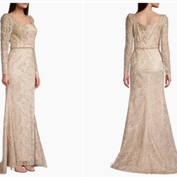 MAC DUGGAL 11187 EMBROIDERED APPLIQUE SHOULDER TRUMPET LIGHT GOLD GOWN sz 6 - Picture 2 of 6